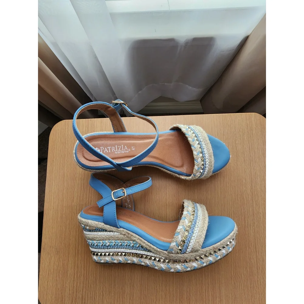 Patrizia Tisch Woven Wedge Light Blue Embellished Espadrille Sandals US 9.5 EU41